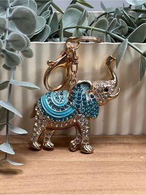 Gold Elephant Keychain with Turquoise Crystals